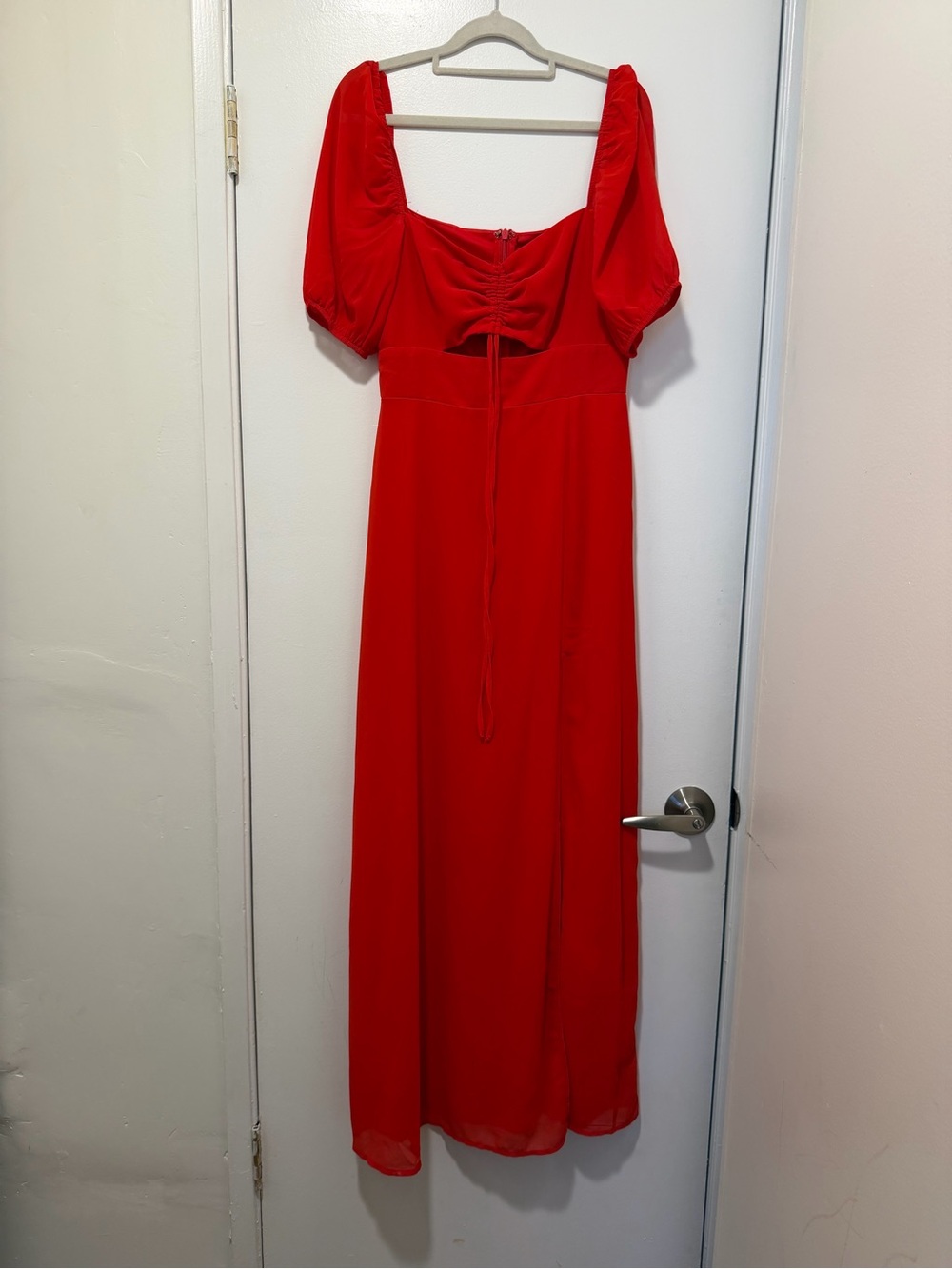 Lulus True Romantic Red Ruched Puff Sleeve Cutout Maxi Dress - Size M